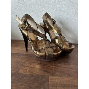 Michael Kors Niki Cross Strap 6 M Heels Gold Brass Stilleto Leather EUC